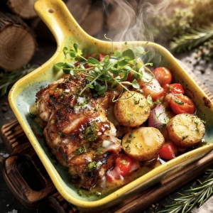 Запеченная шея под сырной корочкой с овощами